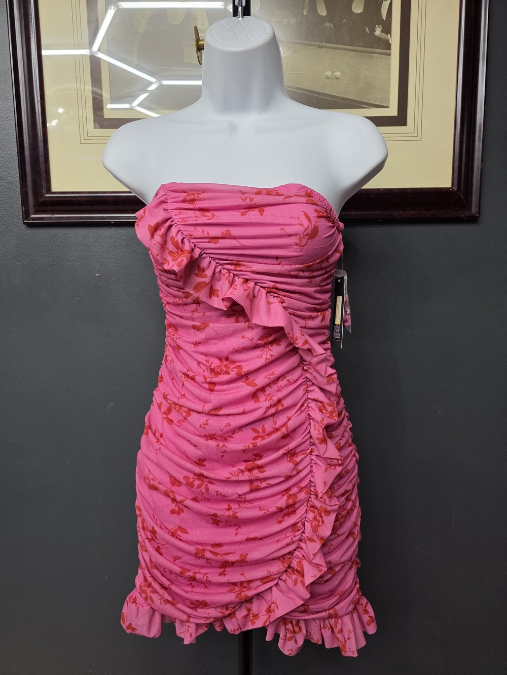 wild fable Pink Strapless Ruched Floral Ruffle Dress